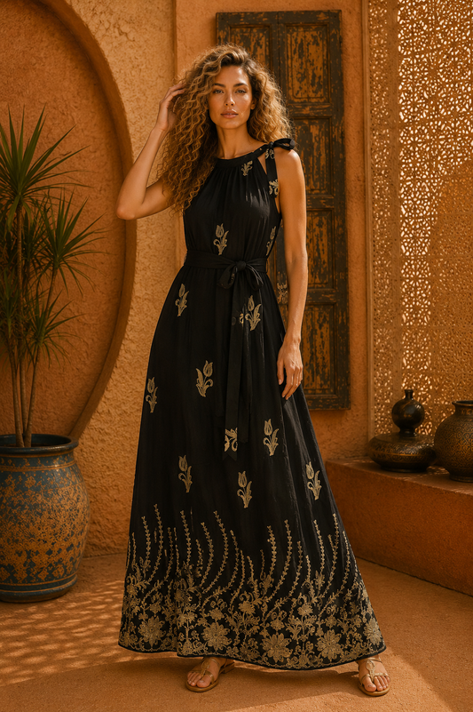 Φόρεμα maxi boho με σε Α γραμμή με κεντήματα
