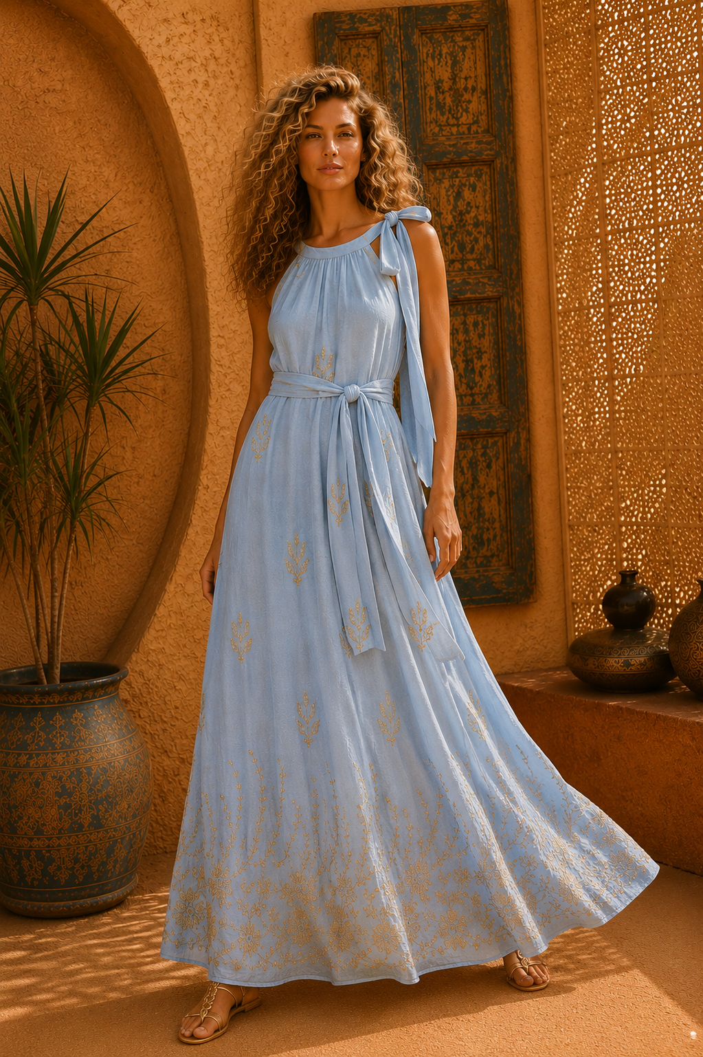 Φόρεμα maxi boho με σε Α γραμμή με κεντήματα