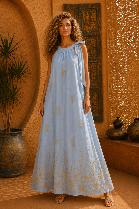Φόρεμα maxi boho με σε Α γραμμή με κεντήματα