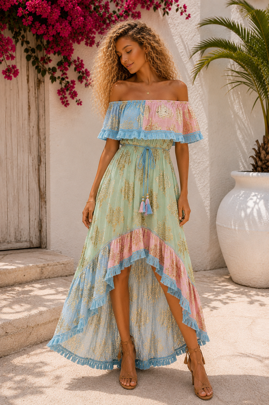 Φόρεμα maxi bohemian strapless