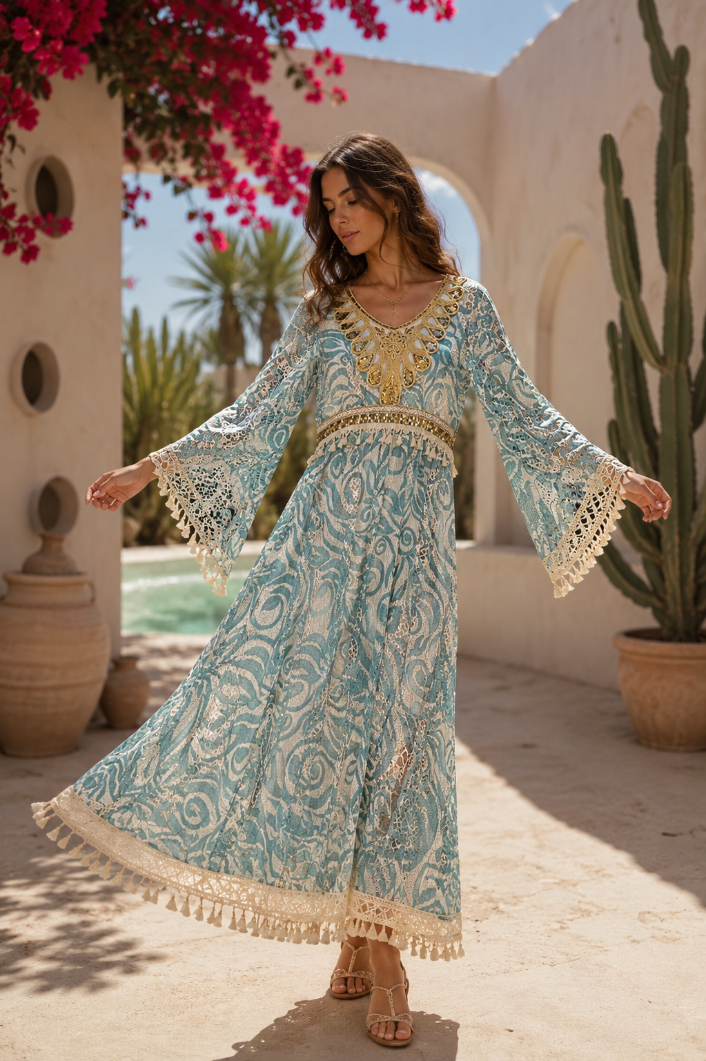 Boho Lace & Tassel Maxi Dress 55008