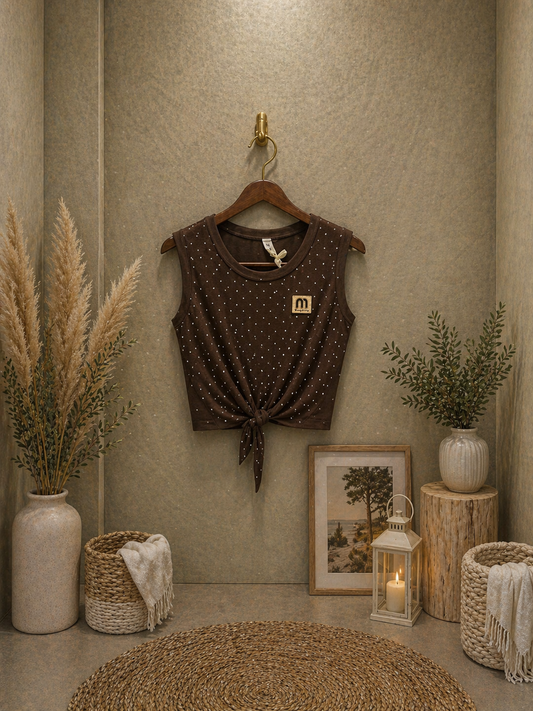 Top cropped viscose strass δετό