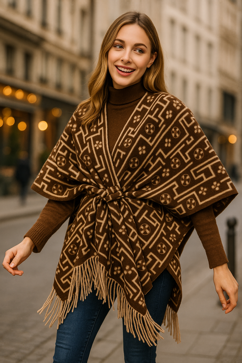 Κάπα πλεκτή με δέσιμο & κρόσσια