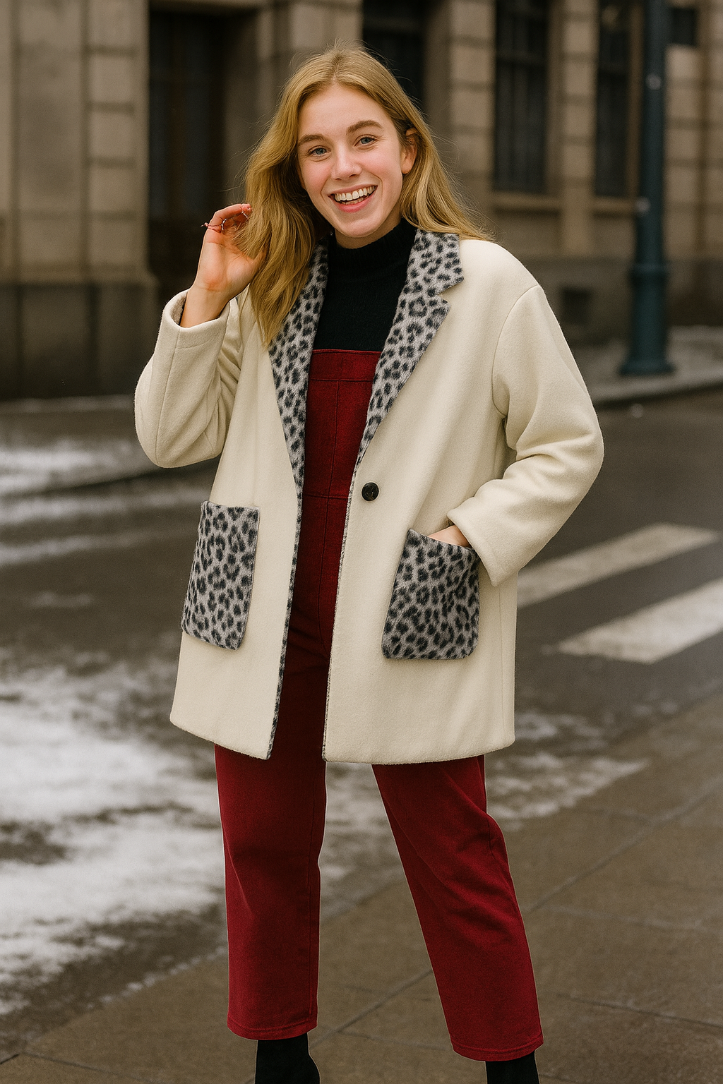 Ημίπαλτο oversized με γούνα animal printed