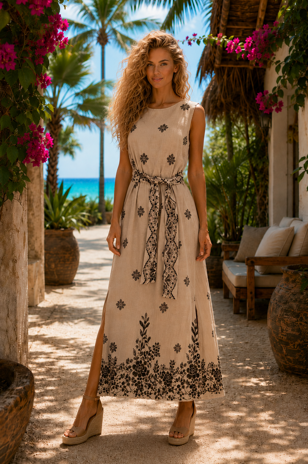 Φόρεμα maxi boho printed με ζώνη
