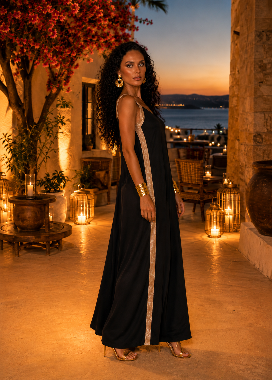 Φόρεμα cocktail maxi rayon με gold lurex