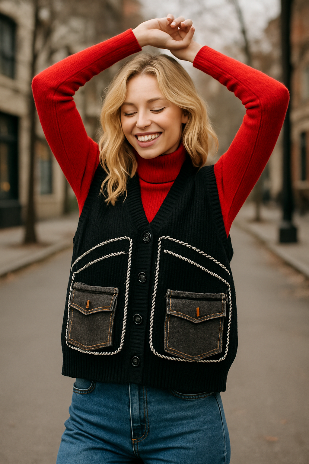 Γιλέκο oversized πλεκτό με jean λεπτομέρειες