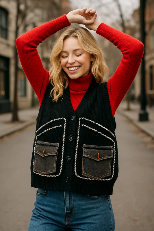 Γιλέκο oversized πλεκτό με jean λεπτομέρειες