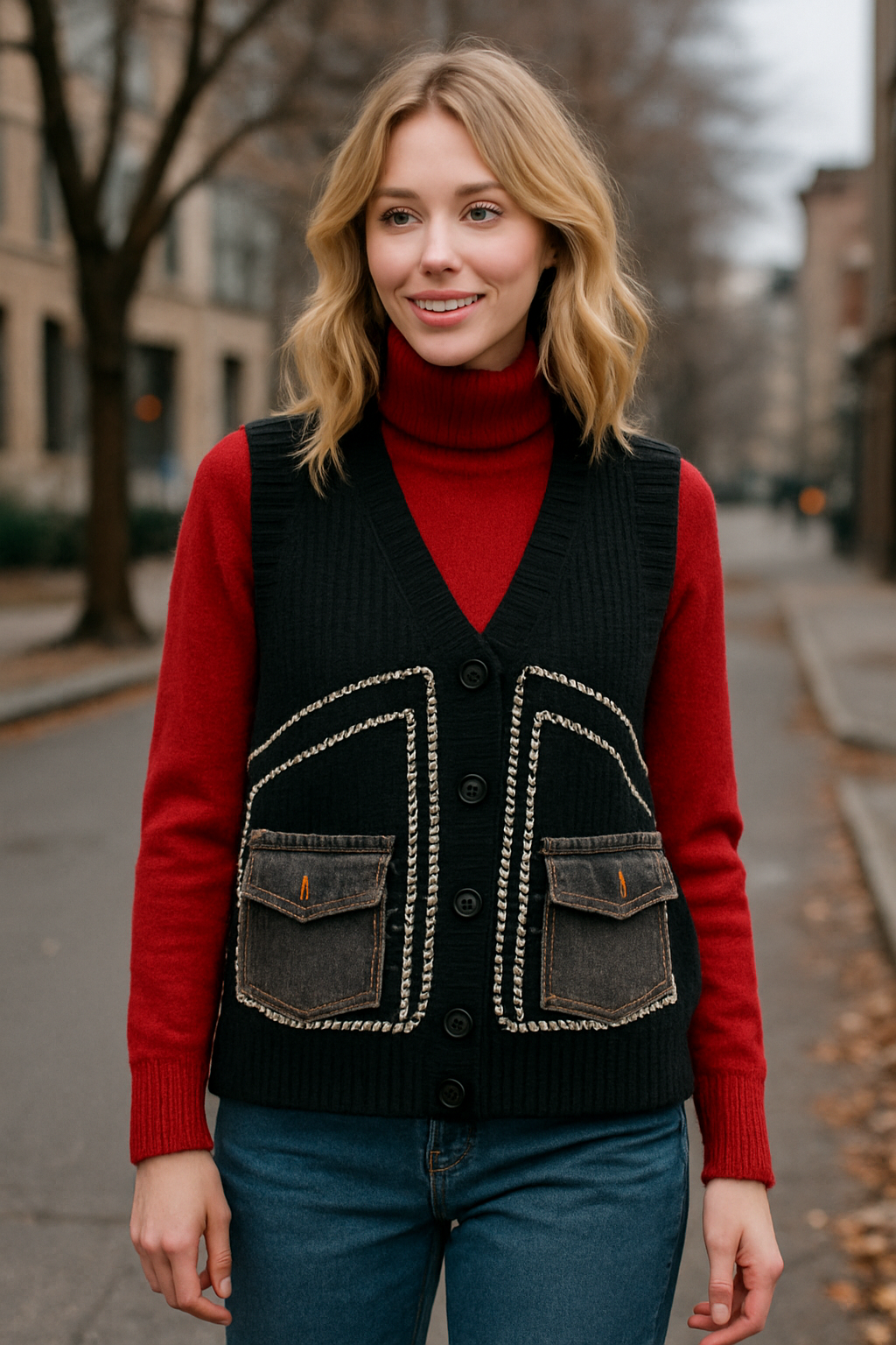 Γιλέκο oversized πλεκτό με jean λεπτομέρειες