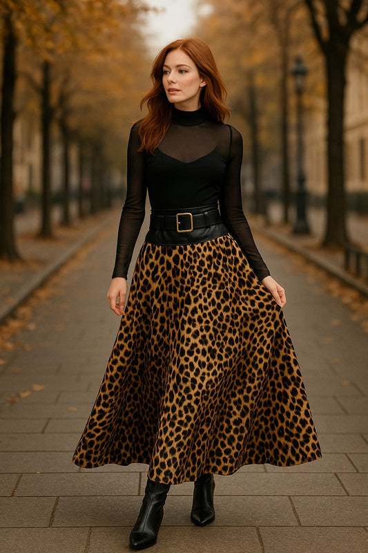 Φούστα maxi σατινέ με δερματίνη