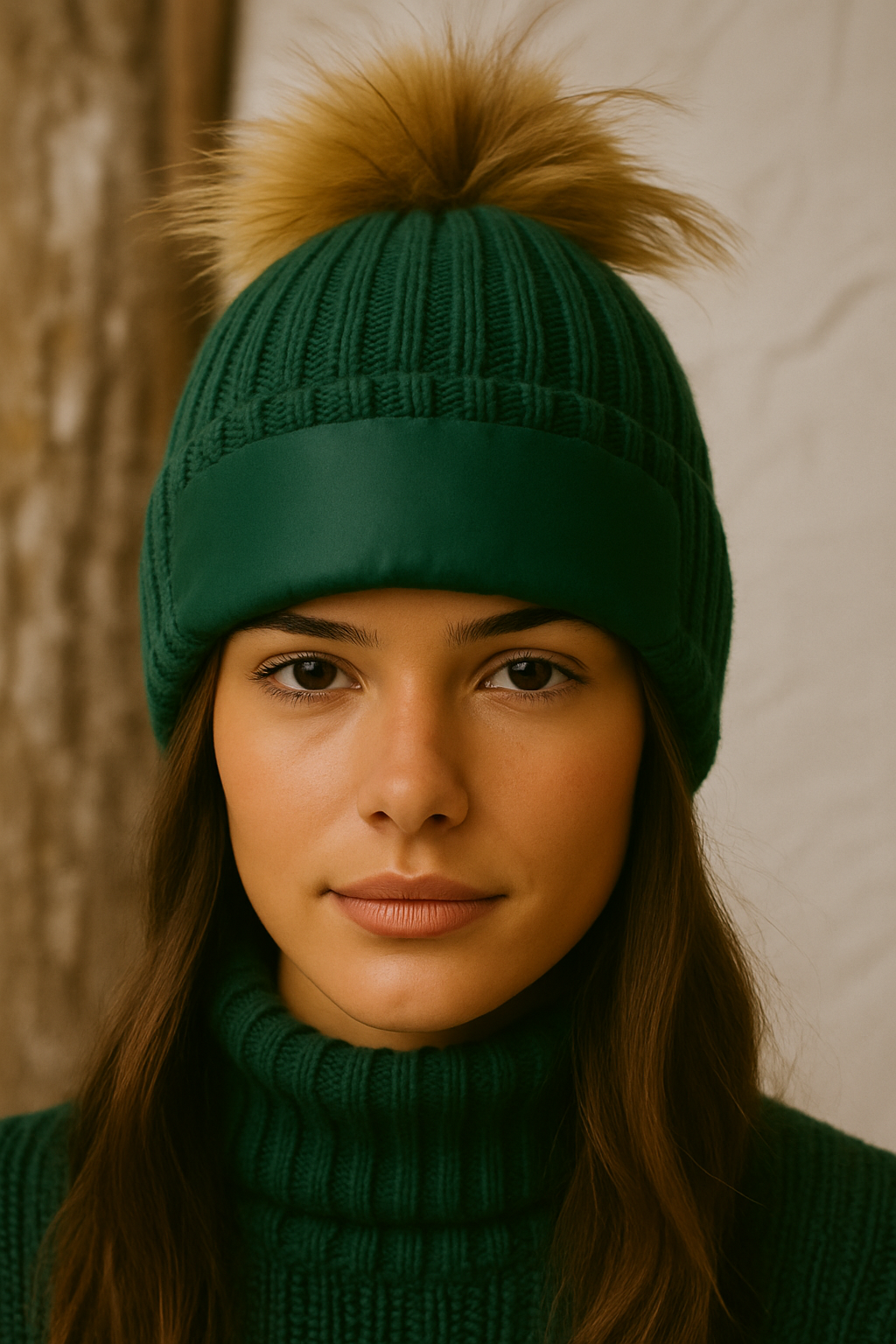 Σκούφος πλεκτός rib με λεπτομέρεια puffer