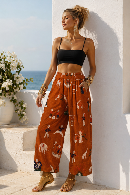 Παντελόνα viscose/λινό printed