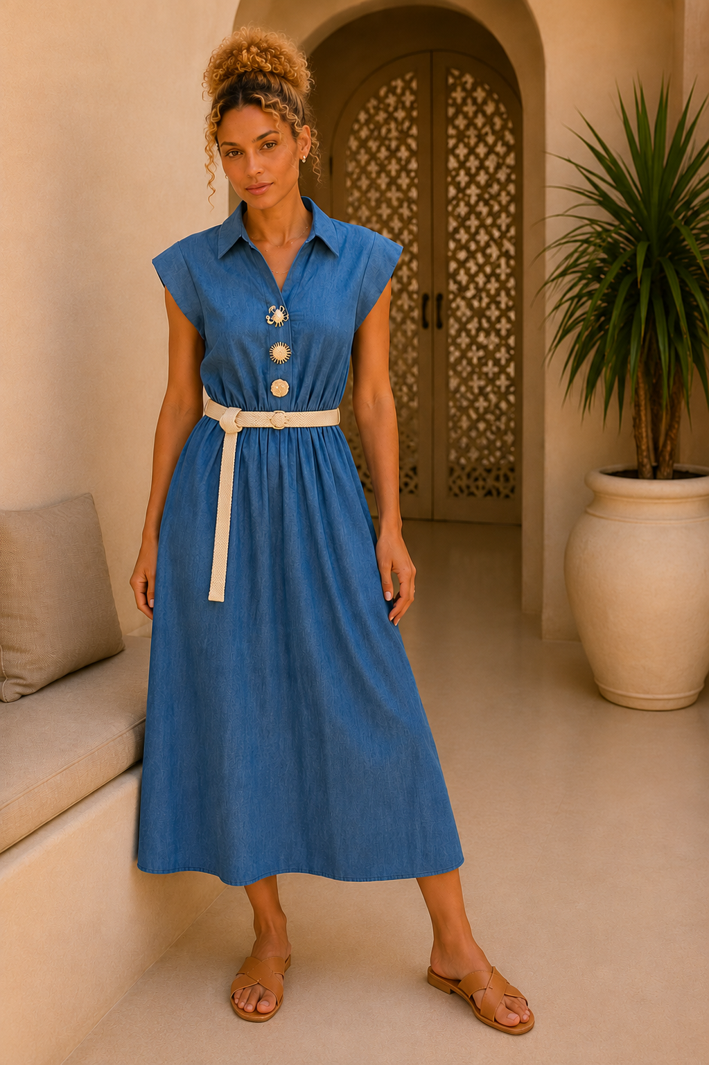 Φόρεμα midi denim με καρφίτσες και ζώνη