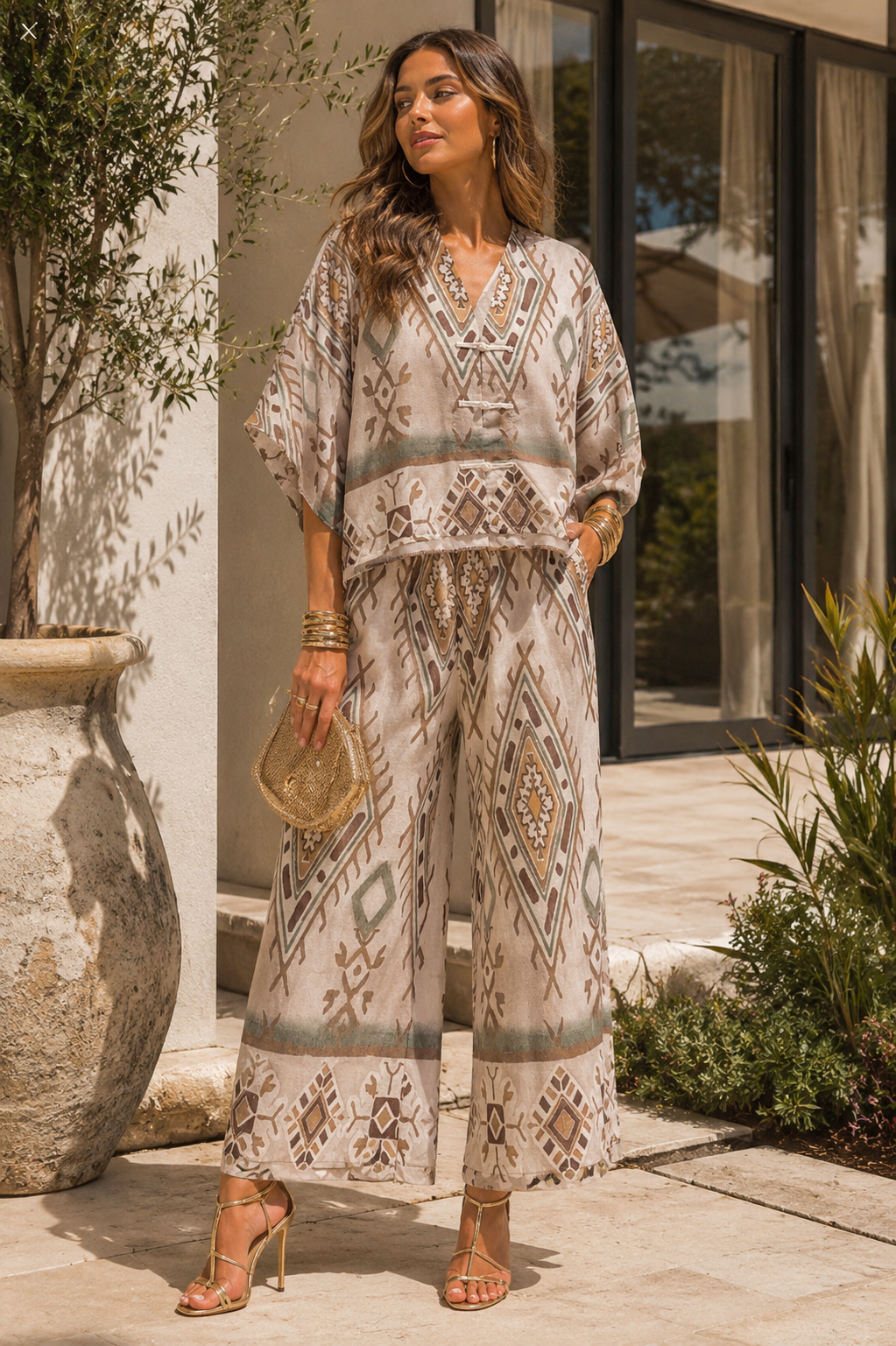 Σετ πουκαμίσα και παντελόνα βαμβακερό ethnic printed