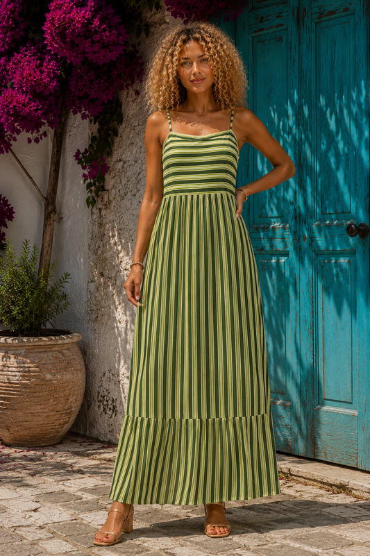 Φόρεμα maxi ριγέ viscose με βολάν
