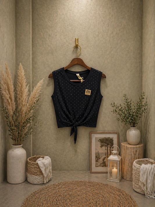 Top cropped viscose strass δετό