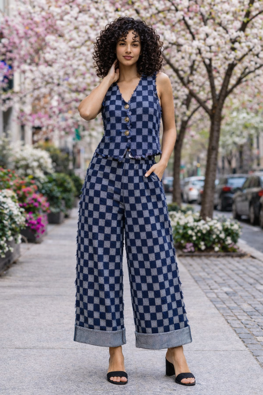 Set jean checkered γιλέκο - παντελόνα