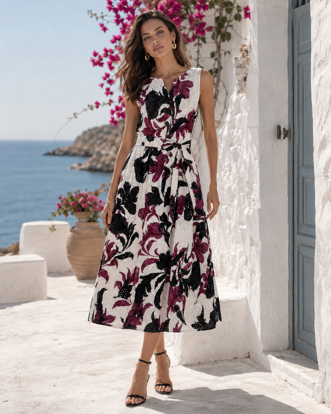 Φόρεμα midi cotton guipure floral printed