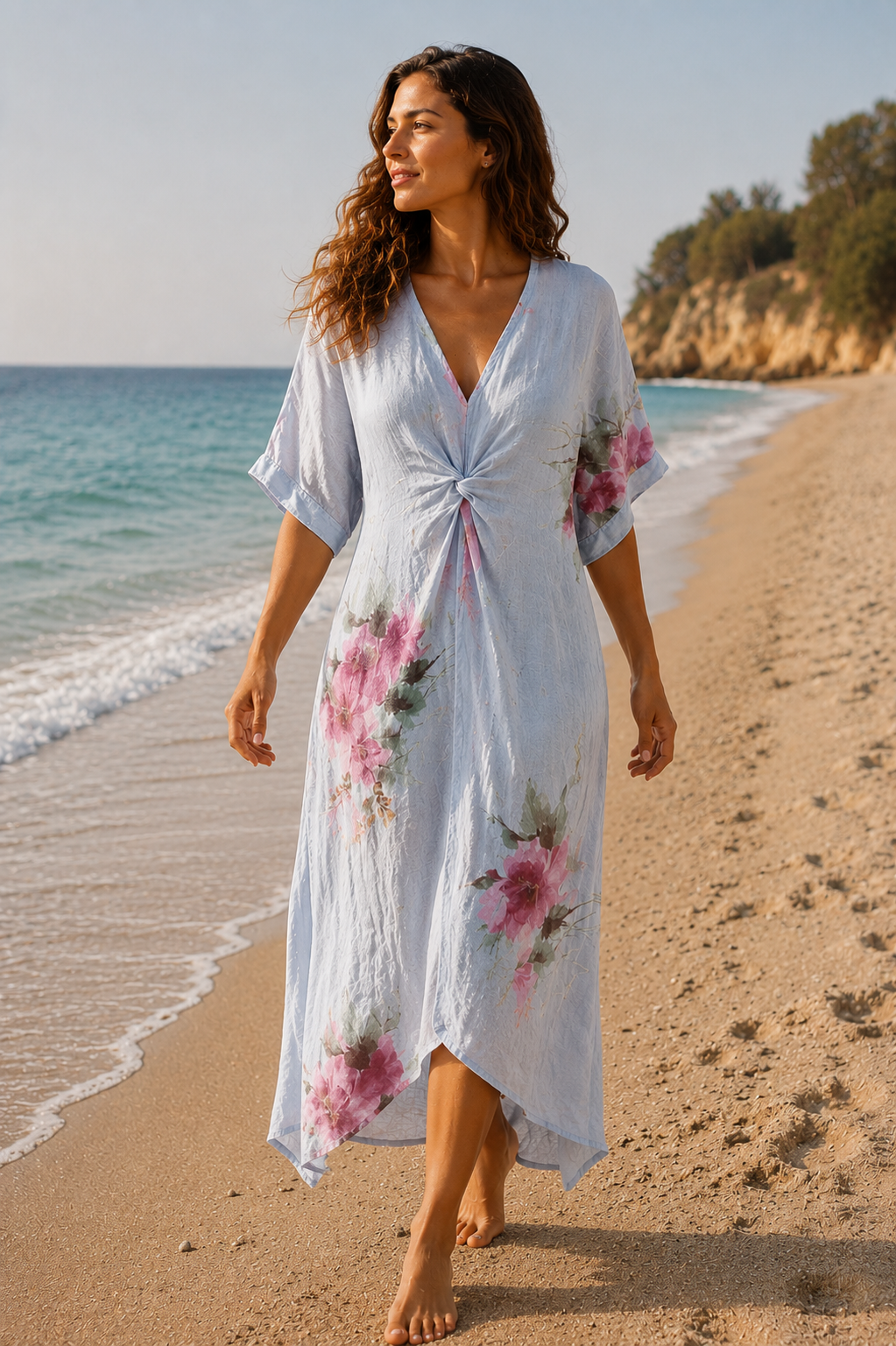 Καφτάνι λινό see through floral printed