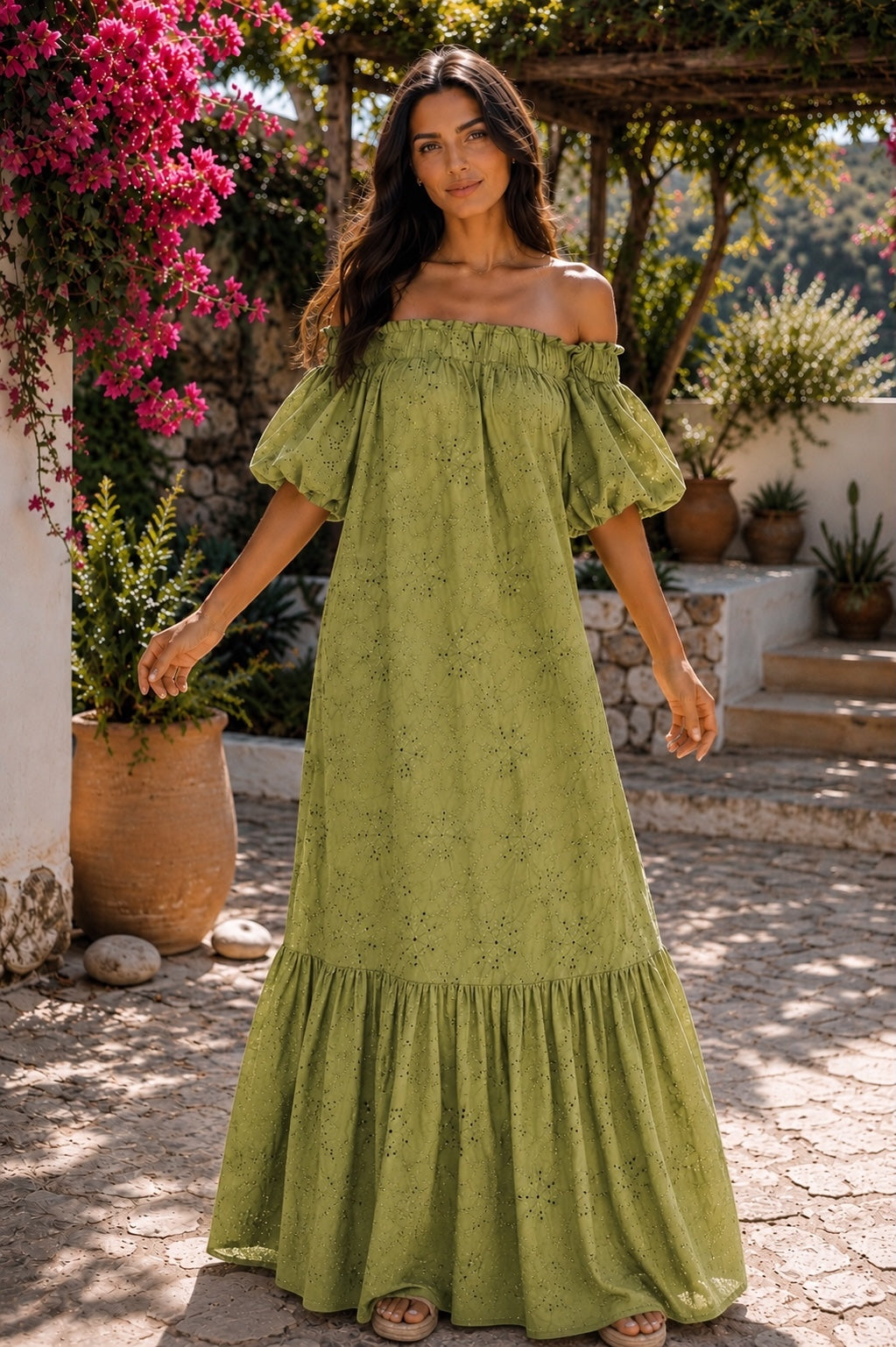 Φόρεμα maxi cotton guipure δαντέλα με βολάν