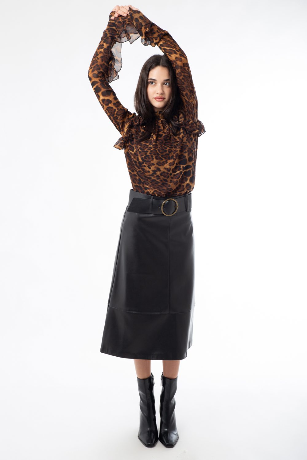 Φούστα midi δερματίνης με ζώνη