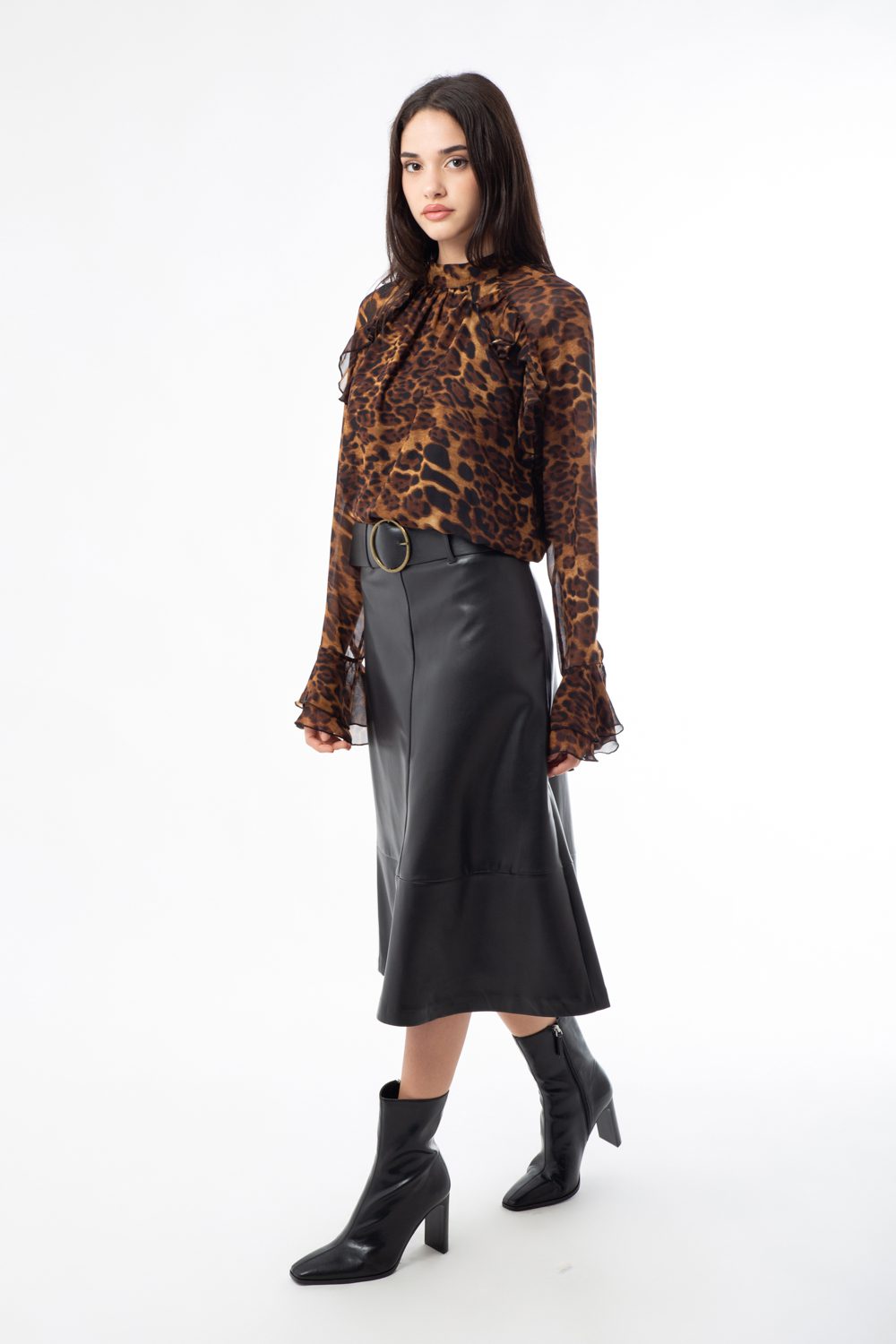 Φούστα midi δερματίνης με ζώνη