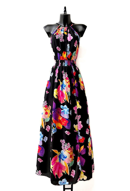 Φόρεμα crepe maxi floral αμάνικο