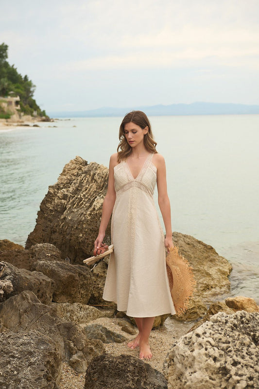 Φόρεμα midi λινό με δανδέλα