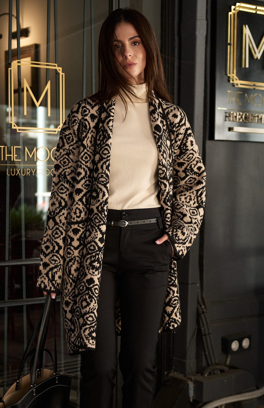 Ζακέτα midi oversized printed μάλλινη