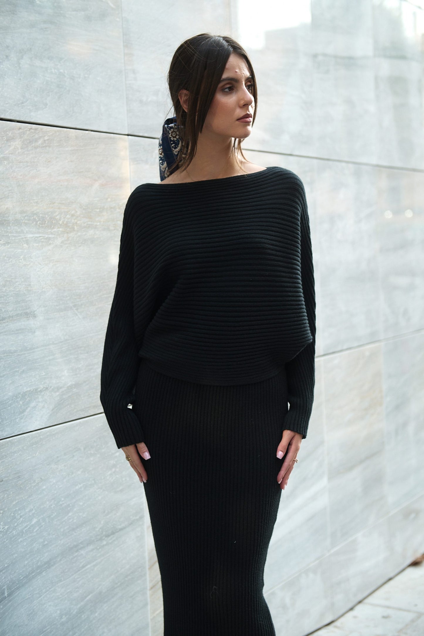 Σετ rib πλεκτό φούστα midi & μπλούζα