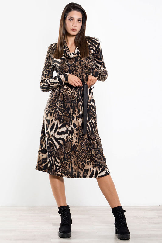 Φόρεμα midi animal printed με ζώνη