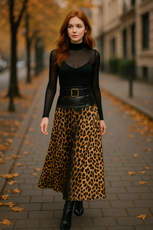 Φούστα maxi σατινέ με δερματίνη