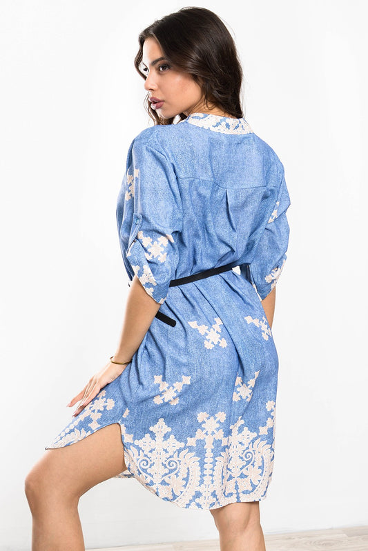 Φόρεμα mini denim look ethnic printed