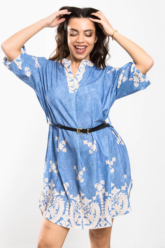 Φόρεμα mini denim look ethnic printed