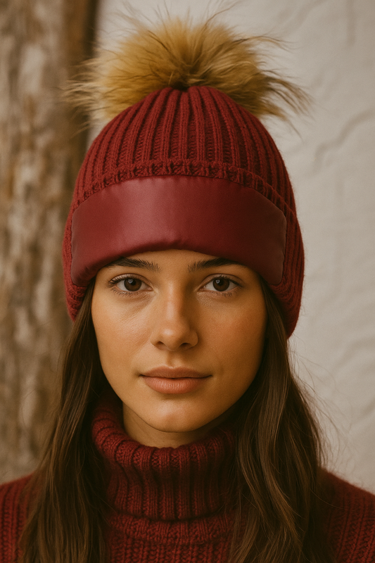 Σκούφος πλεκτός rib με λεπτομέρεια puffer