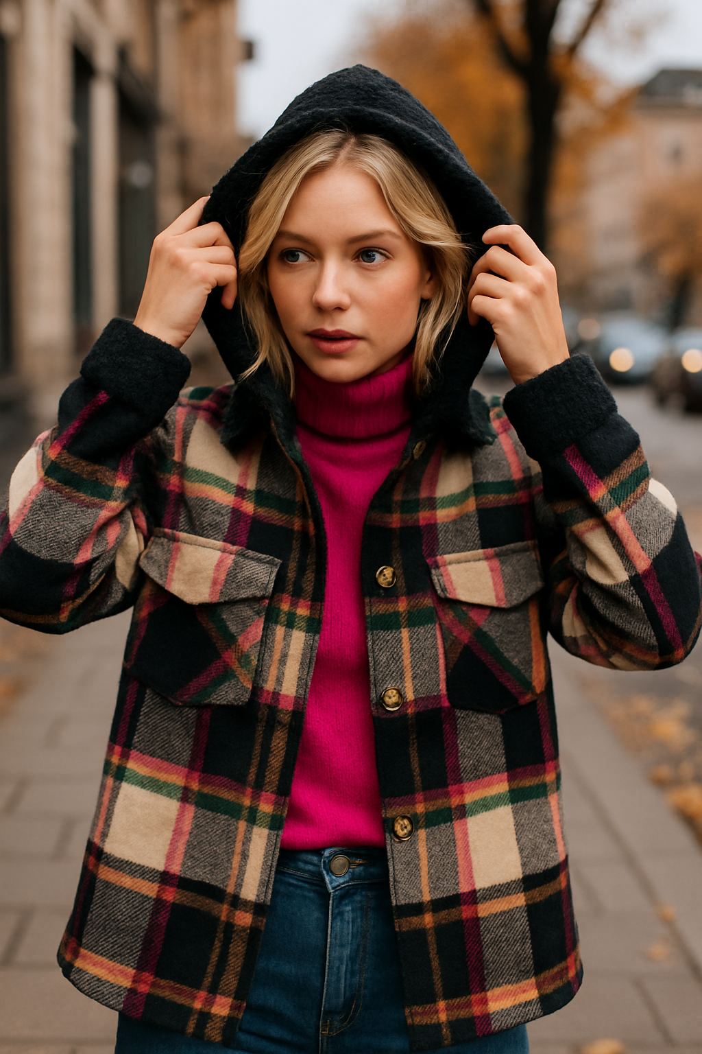 Shacket καρό με κουμπιά και κουκούλα