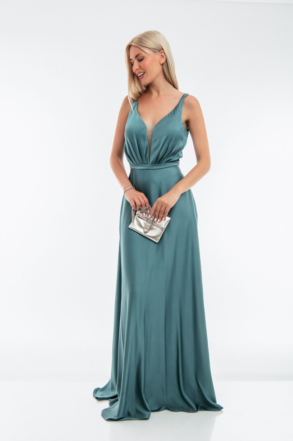 Φόρεμα cocktail maxi satin detailed