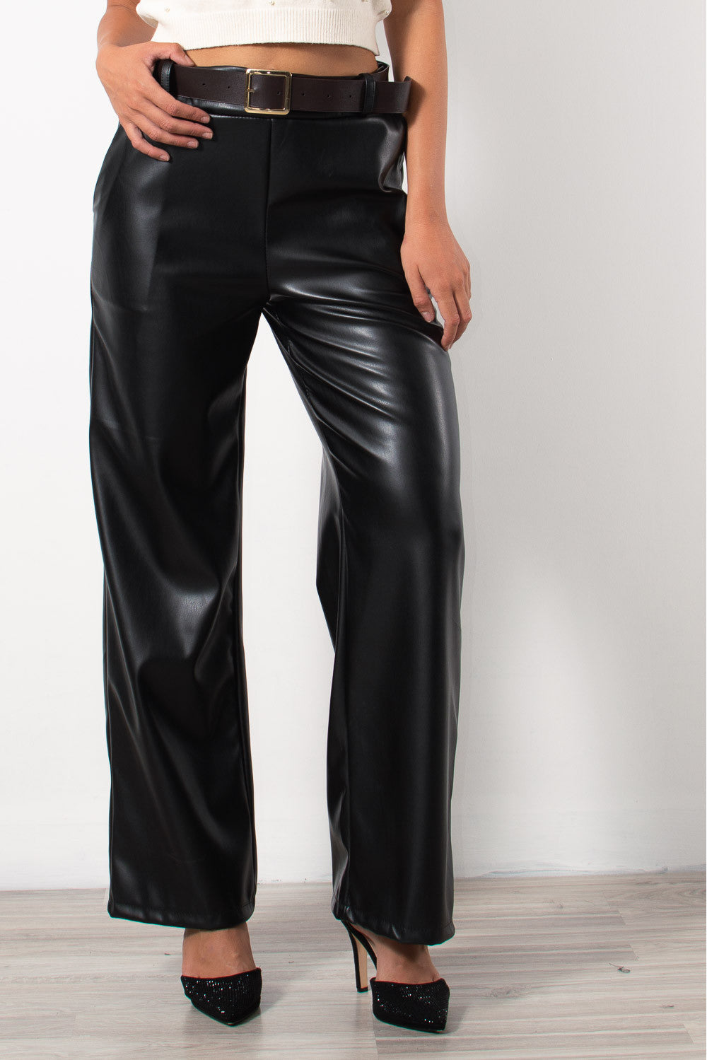 Παντελόνι ίσιο eco leather με ζώνη