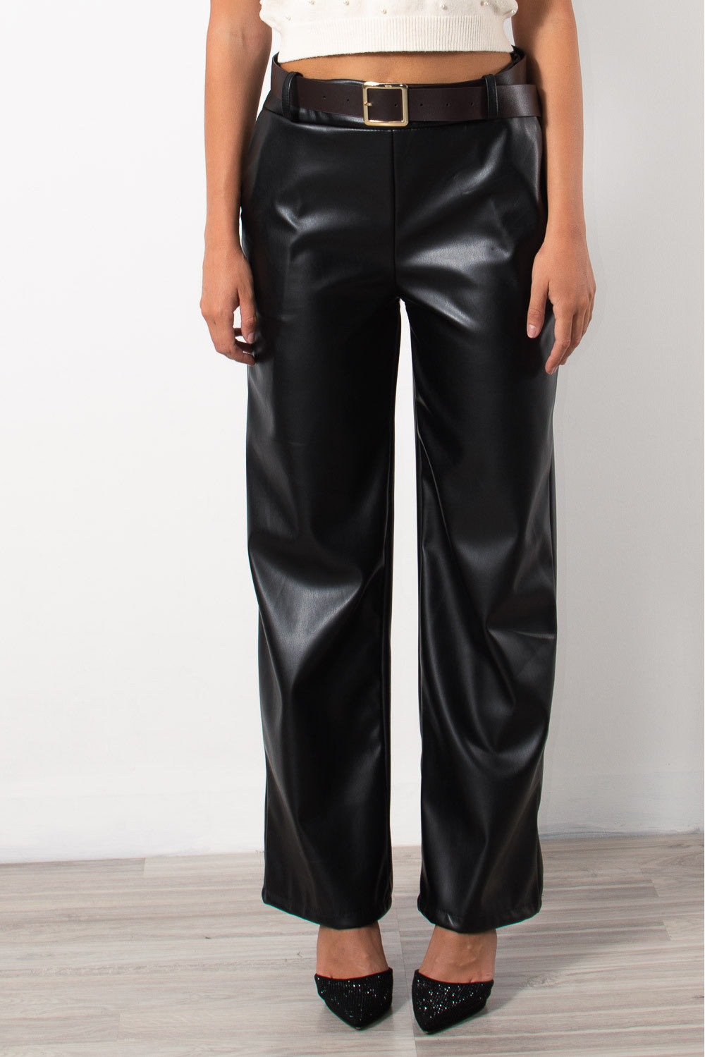 Παντελόνι ίσιο eco leather με ζώνη
