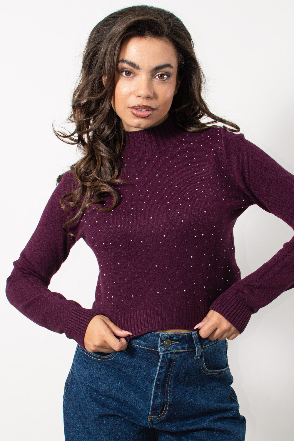 Top cropped rib πλεκτό με strass