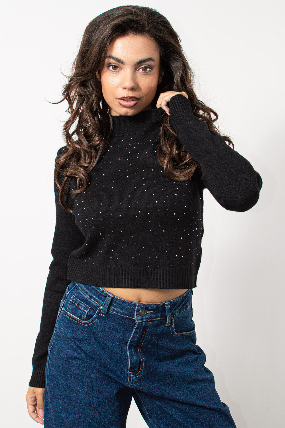 Top cropped rib πλεκτό με strass