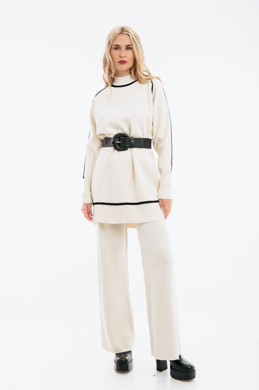 Σετ πλεκτό μπλούζα - παντελόνα με διχρωμία