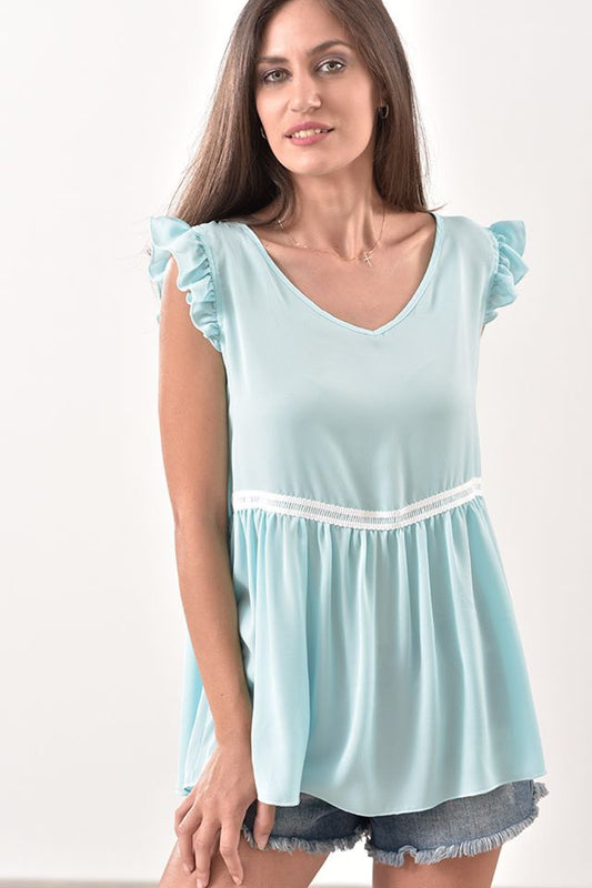 Top satin αμάνικο με βολάν και τρέσσα