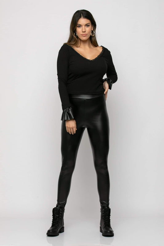 Top cropped rib πλεκτό με δερματίνη