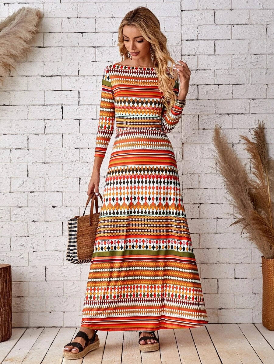Φόρεμα maxi printed striped & geometric