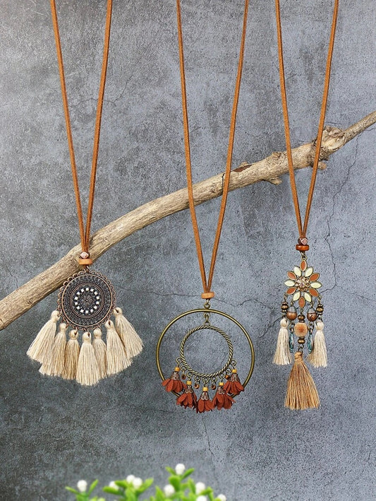 Σετ 3 boho κολιέ από δερματίνη