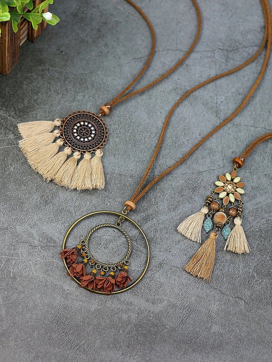 Σετ 3 boho κολιέ από δερματίνη