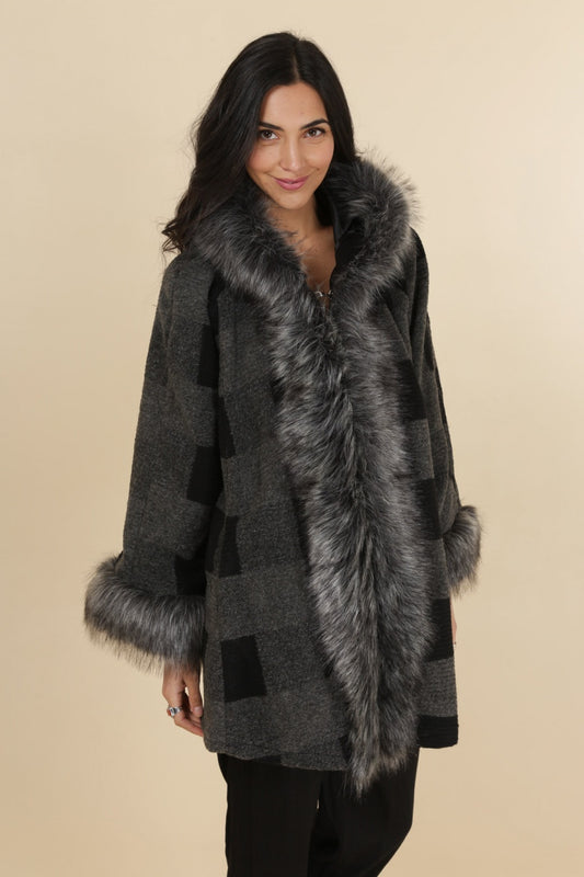 Ημίπαλτο μάλλινο με γούνα oversized