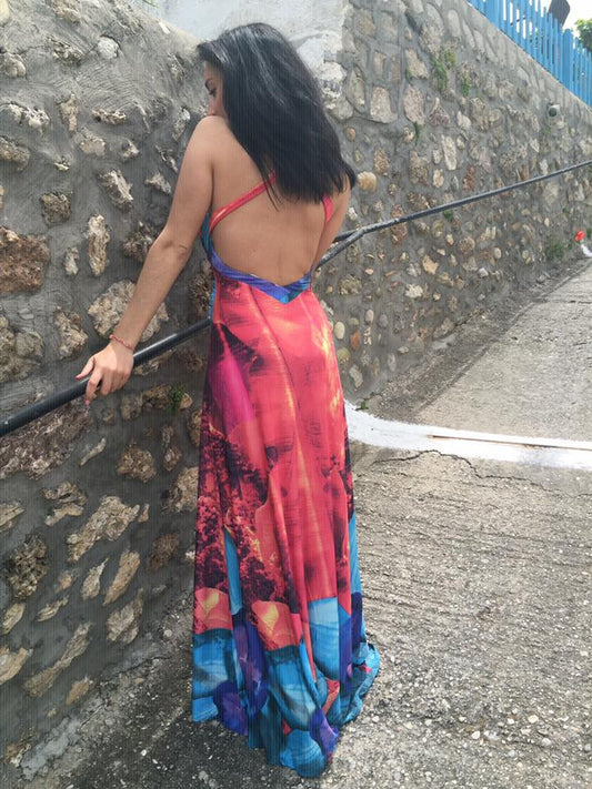 Φόρεμα εμπριμέ ασύμμετρο εξώπλατο