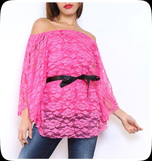 Μπλούζα strapless από δανδέλα με ζωνάκι